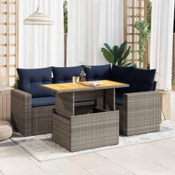 Salon de jardin 5 pcs avec coussins gris r&eacute;sine tress&eacute;e