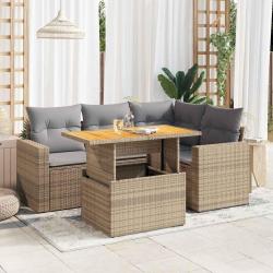 Salon de jardin avec coussins 5 pcs beige r&eacute;sine tress&eacute;e