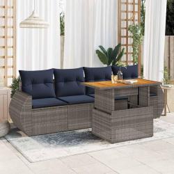 Salon de jardin 5 pcs avec coussins gris r&eacute;sine tress&eacute;e