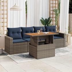 Salon de jardin 5 pcs avec coussins gris r&eacute;sine tress&eacute;e