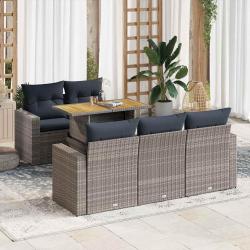 Salon de jardin 6 pcs avec coussins gris r&eacute;sine tress&eacute;e
