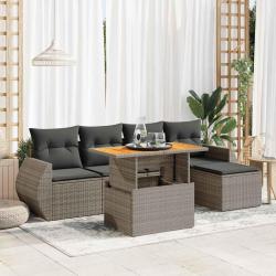 Salon de jardin 6 pcs avec coussins gris r&eacute;sine tress&eacute;e