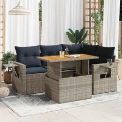 Salon de jardin 5 pcs avec coussins gris r&eacute;sine tress&eacute;e