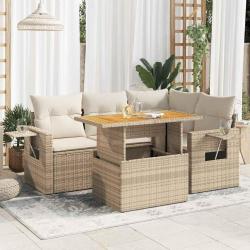 Salon de jardin avec coussins 5 pcs beige r&eacute;sine tress&eacute;e