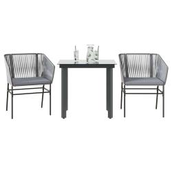 Ensemble &agrave; manger jardin coussins 3 pcs gris poly rotin verre