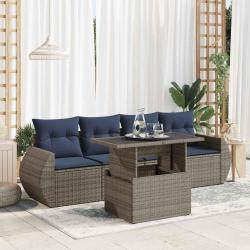 Salon de jardin 5 pcs avec coussins gris r&eacute;sine tress&eacute;e acacia