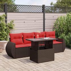 Salon de jardin avec coussins 5pcs marron r&eacute;sine tress&eacute;e acacia