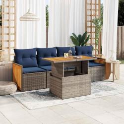 Salon de jardin 5 pcs avec coussins gris r&eacute;sine tress&eacute;e acacia