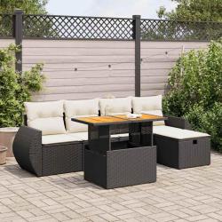 Salon de jardin 6 pcs avec coussins noir r&eacute;sine tress&eacute;e acacia
