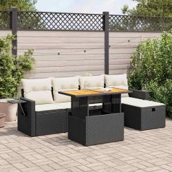 Salon de jardin 6 pcs avec coussins noir r&eacute;sine tress&eacute;e acacia
