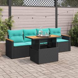Salon de jardin 5 pcs avec coussins noir r&eacute;sine tress&eacute;e