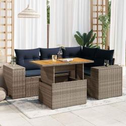 Salon de jardin 5 pcs avec coussins gris r&eacute;sine tress&eacute;e