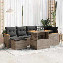 Salon de jardin avec coussins 7 pcs gris r&eacute;sine tress&eacute;e acacia