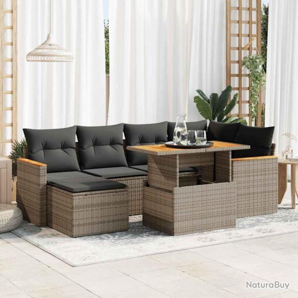 Salon de jardin avec coussins 7 pcs gris r�sine tress�e acacia