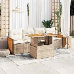 Salon de jardin avec coussins 5 pcs beige r&eacute;sine tress&eacute;e acacia