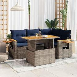 Salon de jardin 5 pcs avec coussins gris r&eacute;sine tress&eacute;e acacia