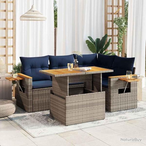 Salon de jardin 5 pcs avec coussins gris r�sine tress�e acacia