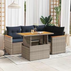 Salon de jardin 5 pcs avec coussins gris r&eacute;sine tress&eacute;e