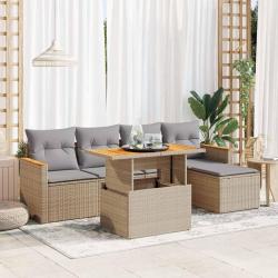 Salon de jardin 6 pcs avec coussins beige r&eacute;sine tress&eacute;e acacia