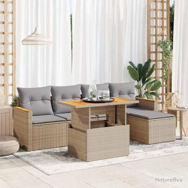 Salon de jardin 6 pcs avec coussins beige r�sine tress�e acacia