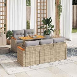 Salon de jardin 6 pcs avec coussins beige r&eacute;sine tress&eacute;e acacia