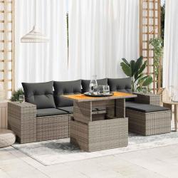 Salon de jardin 6 pcs avec coussins gris r&eacute;sine tress&eacute;e