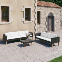 Salon de jardin 3 pcs avec coussins R&eacute;sine tress&eacute;e Noir