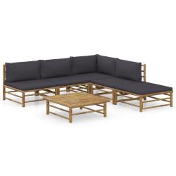 Salon de jardin 6 pcs avec coussins gris fonc&eacute; bambou