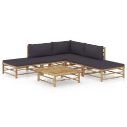Salon de jardin 6 pcs avec coussins gris fonc&eacute; bambou