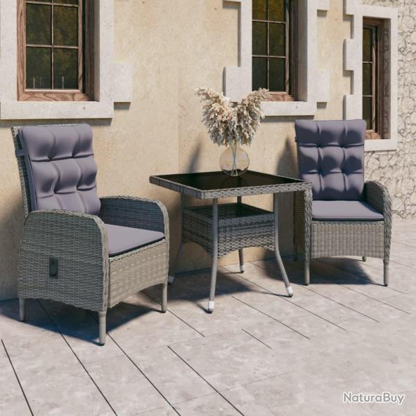 Ensemble � Manger de jardin 3 pcs R�sine tress�e et verre Gris