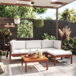 Salon de jardin 5 pi&egrave;ces avec coussins, bois d'acacia cr&egrave;me et corde