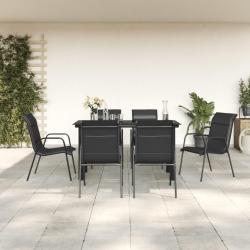 Ensemble &agrave; manger de jardin 7 pcs noir textil&egrave;ne et acier