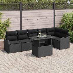 Ensemble de Canap&eacute;s avec coussin 7 pcs Noir Poly rotin