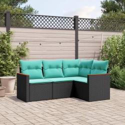 Salon de jardin 4 pcs avec coussins noir r&eacute;sine tress&eacute;e