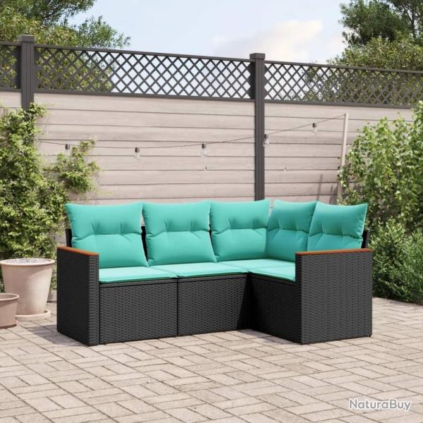 Salon de jardin 4 pcs avec coussins noir r�sine tress�e