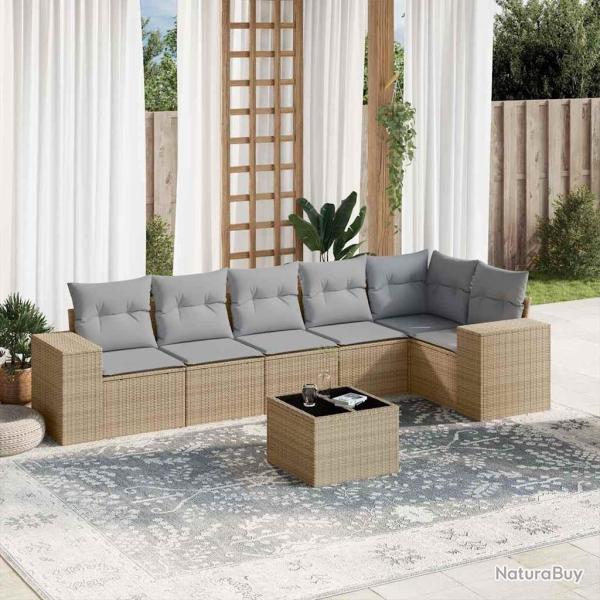 Salon de jardin avec coussins 7 pcs beige r�sine tress�e