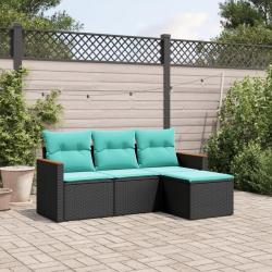 Salon de jardin 4 pcs avec coussins noir r&eacute;sine tress&eacute;e