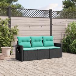 Salon de jardin 3 pcs avec coussins noir r&eacute;sine tress&eacute;e