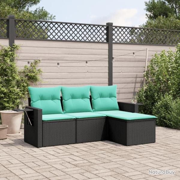 Salon de jardin 4 pcs avec coussins noir r�sine tress�e