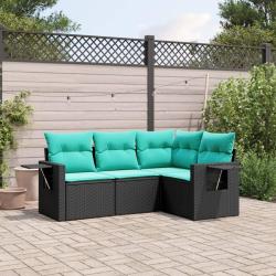 Salon de jardin 4 pcs avec coussins noir r&eacute;sine tress&eacute;e