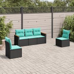 Salon de jardin 5 pcs avec coussins noir r&eacute;sine tress&eacute;e