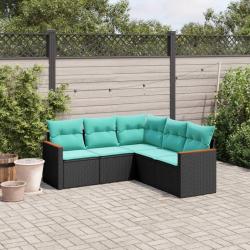 Salon de jardin 5 pcs avec coussins noir r&eacute;sine tress&eacute;e