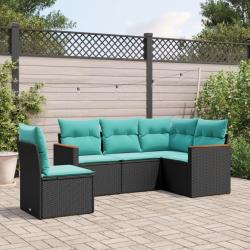 Salon de jardin 5 pcs avec coussins noir r&eacute;sine tress&eacute;e