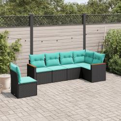 Salon de jardin 6 pcs avec coussins noir r&eacute;sine tress&eacute;e