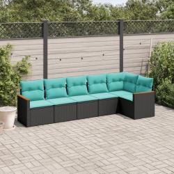 Salon de jardin 6 pcs avec coussins noir r&eacute;sine tress&eacute;e