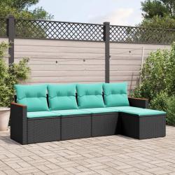 Salon de jardin 5 pcs avec coussins noir r&eacute;sine tress&eacute;e