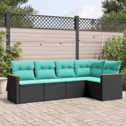 Salon de jardin 5 pcs avec coussins noir r&eacute;sine tress&eacute;e