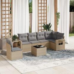 Salon de jardin avec coussins 7 pcs beige r&eacute;sine tress&eacute;e