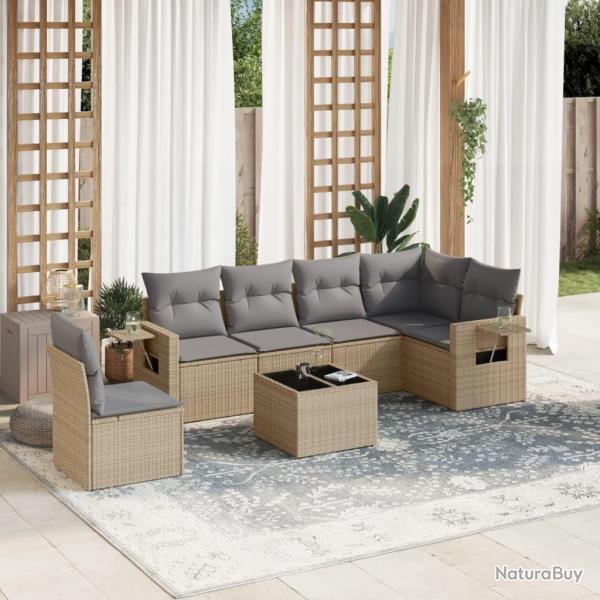 Salon de jardin avec coussins 7 pcs beige r�sine tress�e
