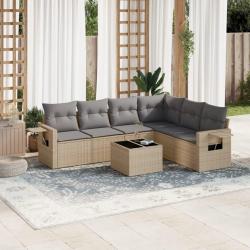 Salon de jardin avec coussins 7 pcs beige r&eacute;sine tress&eacute;e